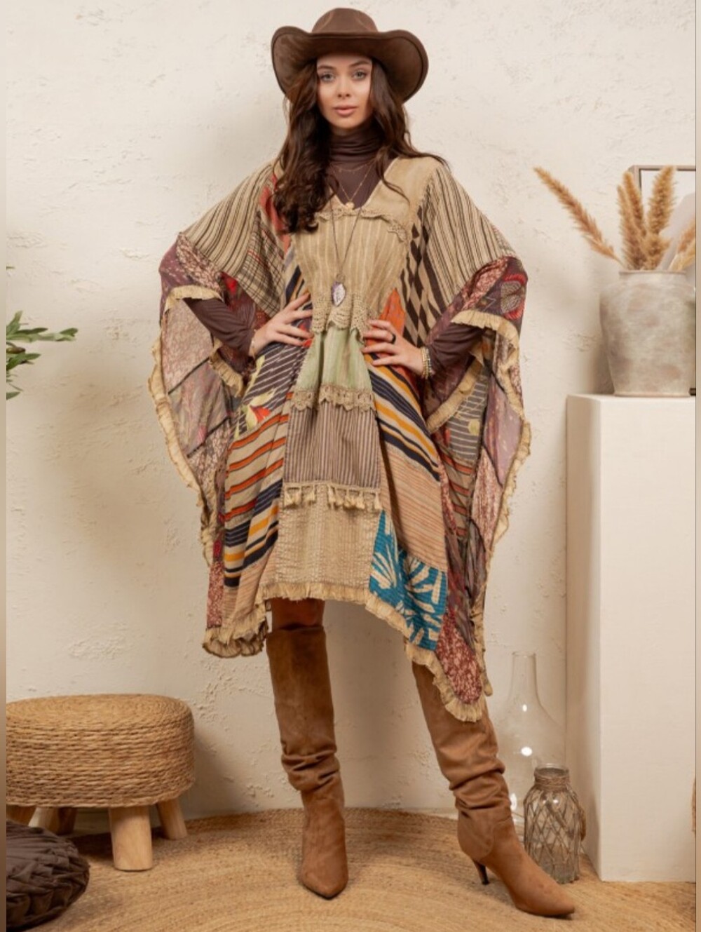 Young Threads Patchwork Boho Poncho Tunic Kaftan Sand NWT S M L XL